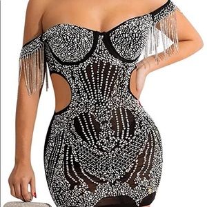 Black Embellished Bedazzled Rhinestone Fringe Cut Out Mini Birthday Dress